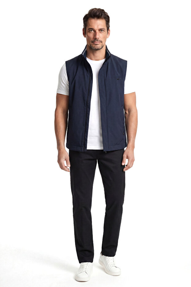 Men's Regular Fit Stand Collar Zippered Navy Blue Vest with Sleeve Pocket Detail