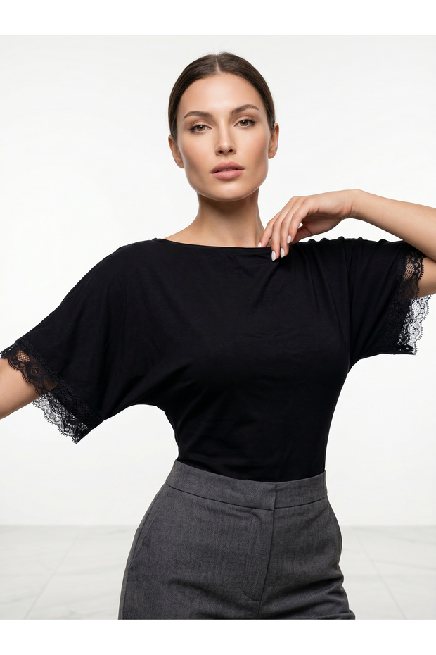 Women's Black Stylish Blouse with Lace Detail on the Sleeves