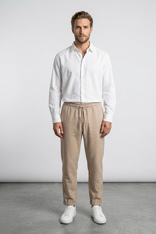 Double Leg Trousers with Elastic Waist and Tie