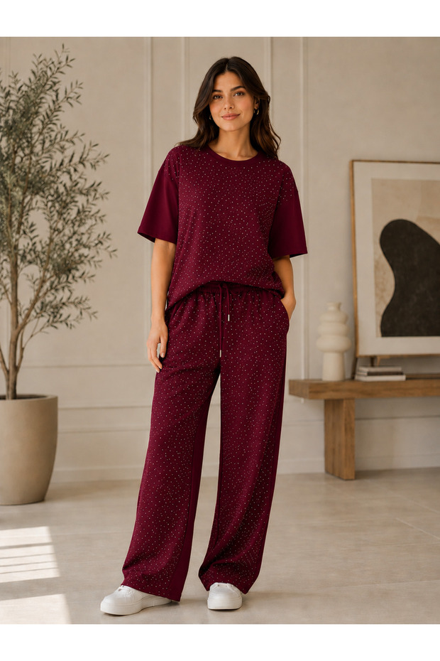 Women's Crew Neck Stone Embellished Set