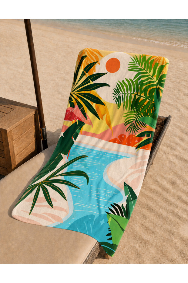 Tropical Palm and Sunset Patterned Beach Towel