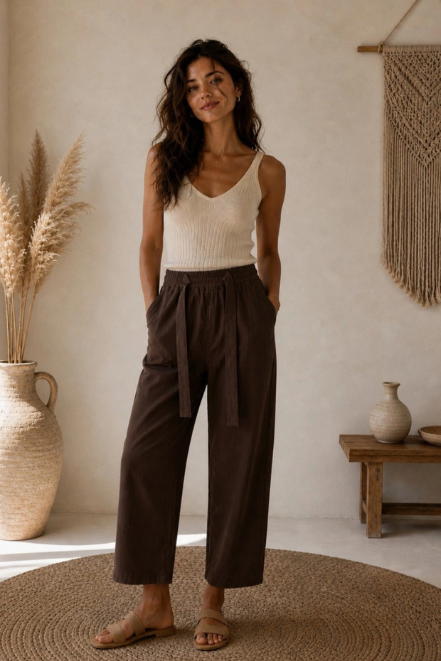 Women's Brown High Waist Elastic Waist Belted Wide Leg Palazzo Trousers
