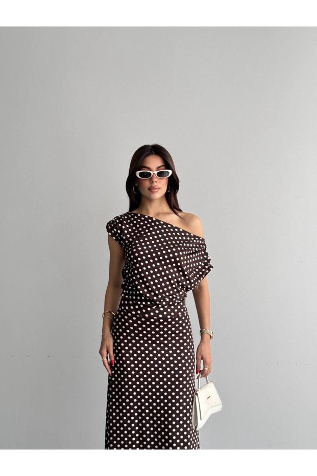 New Season Women's Zra Model Jersey Fabric Polka Dot Shoulder Detailed Midi Dress