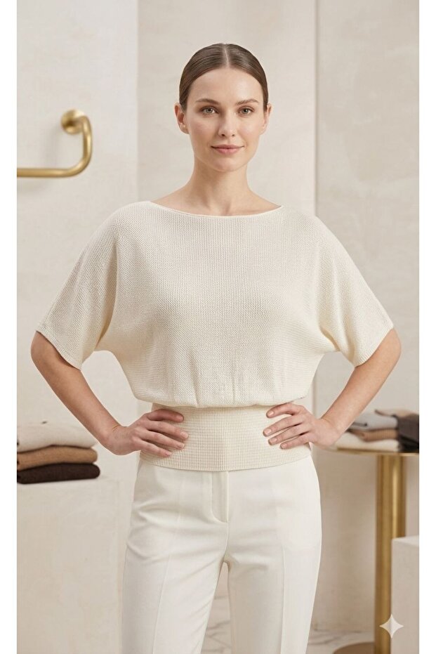 Round Neck Loose Fit Oversize Bat Sleeve Waist-Fitted Gathering Summer Spring Viscose Knitwear Blouse