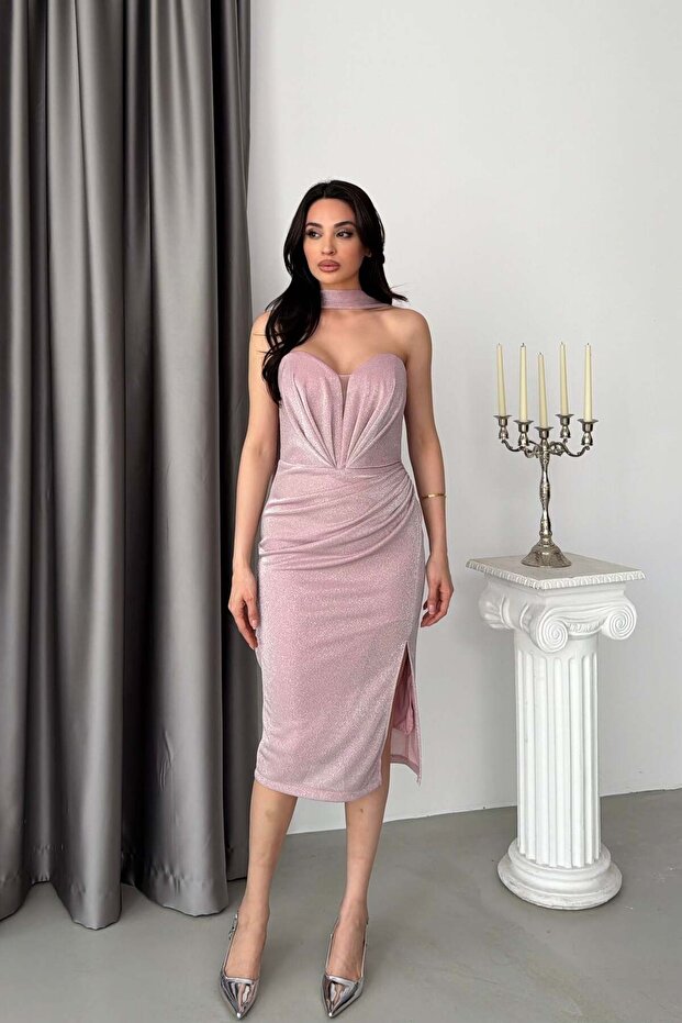 Powder Heart Collar Scarf Detailed Glittery Midi Evening Dress
