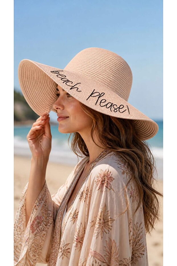 Pudra Beach Please Embroidered Round Straw Women's Hat
