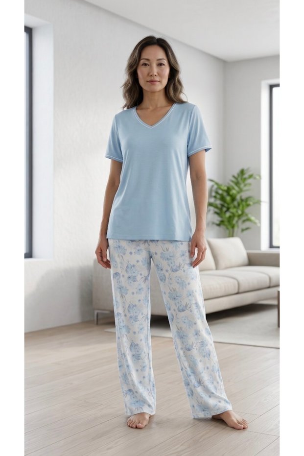 24818 100% Cotton V-Neck Pajama Set Plus Size Pajama Set Flowery Pajama Mother Pajama