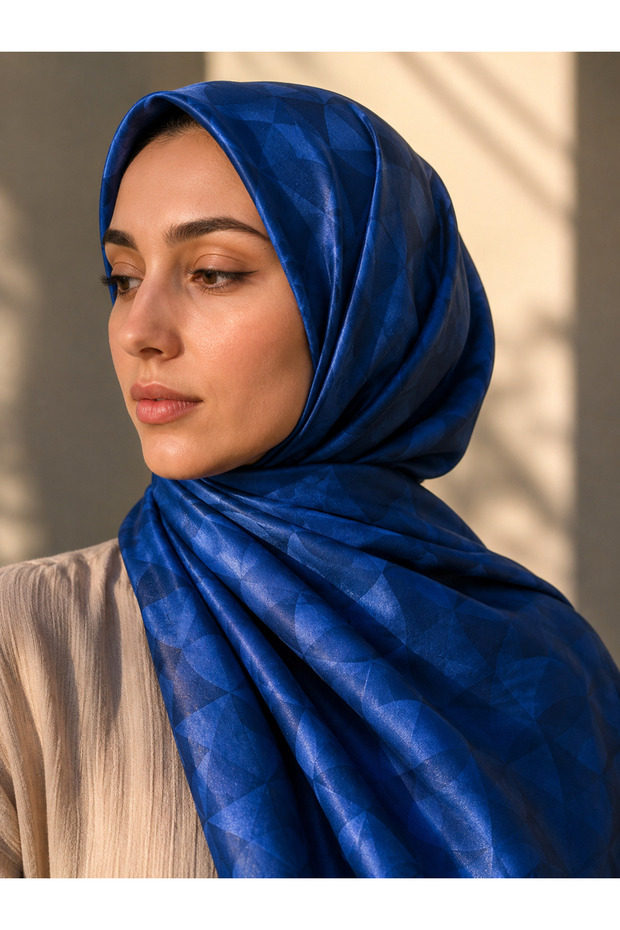 Madame Polo Blue Color Lara Crowfoot Patterned Cotton Soft Jacquard Shawl Sare Series