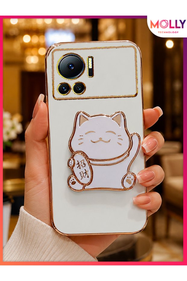 Luxury Silicone Case for Infinix Note 12 Vip with Pearl White Edges Gold Detail Lucky Cat Stand