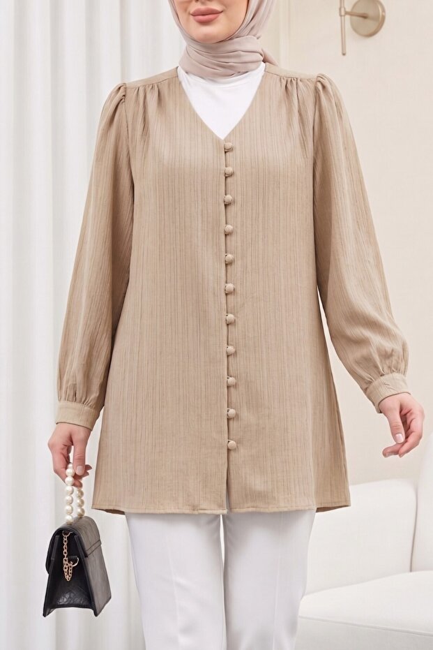 Buttoned V-Neck Jacquard Crinkle Tunic - Light Mink