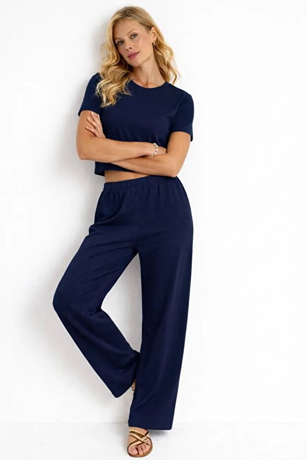 Navy Blue Modal Fabric Crop T-Shirt & High Waist Wide Leg Pants Set