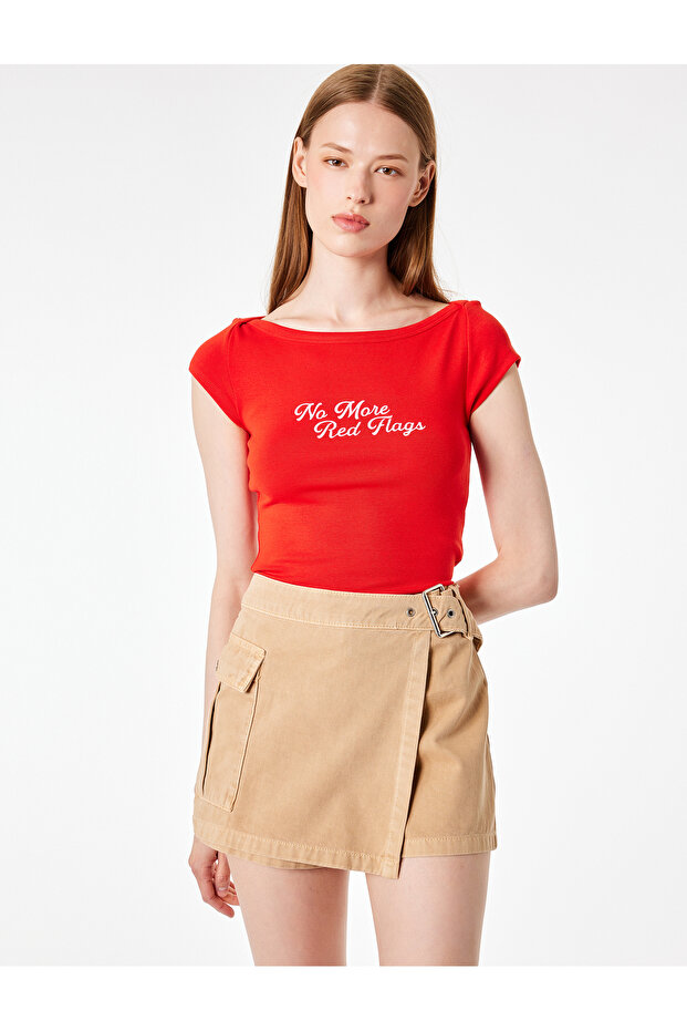 Modal Blend Boat Neck Short Sleeve Slim Fit Crop Printed T-Shirt