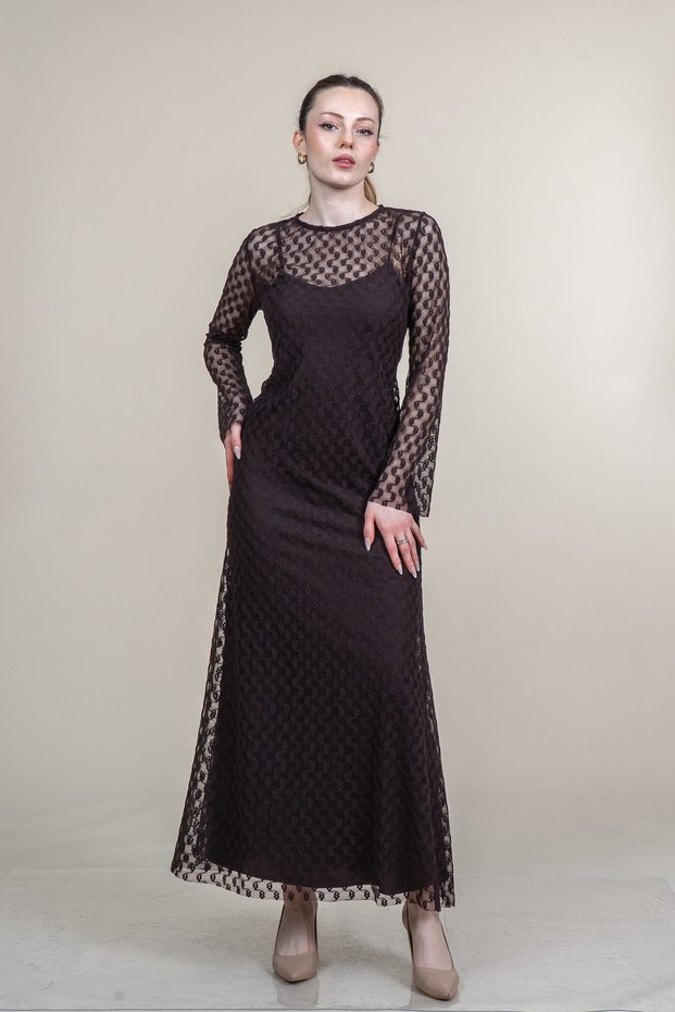 Women Summer Coffee Chic Crew Neck Long Sleeve Embroidered Tulle Stylish Casual Comfortable Dress 50376