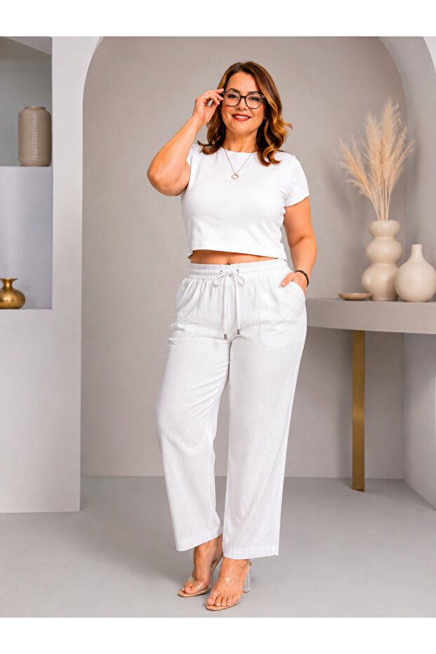 Plus Size Elastic Waist Glittery Lace-Up Wide Leg Women's Trousers