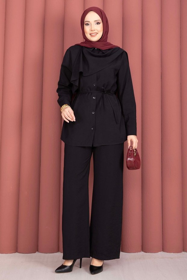 Double Hijab Set with Shoulder Shawl and Waist Tie in Black