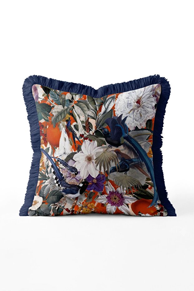Tropical Birds and Botanical Flower Garden Fringed Exotic Throw Pillow Cover