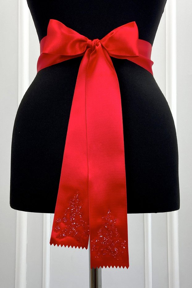 Red Bridal Sash, Crystal Glass Beads Embellished Bridal Ribbon, Bridal Waist Belt, Sister Sash