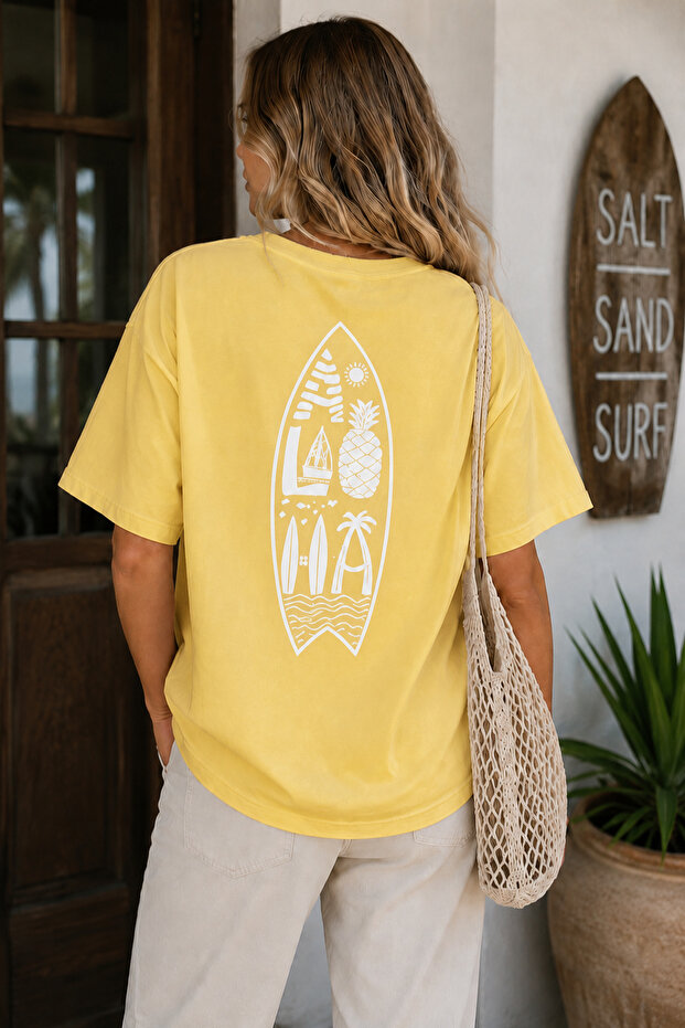Surfboard Back Print Unisex Oversize T-Shirt – Cotton Crew Neck Casual T-Shirt
