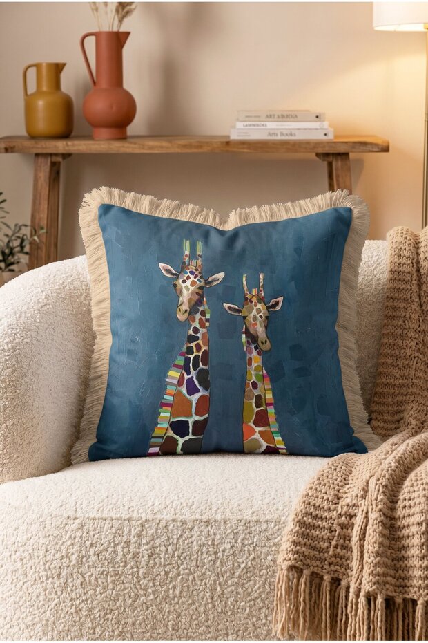 Petrol Ground Colorful Two Giraffe Patterned Fringed Throw Pillow Cover - Cream Tassels Modern Cover