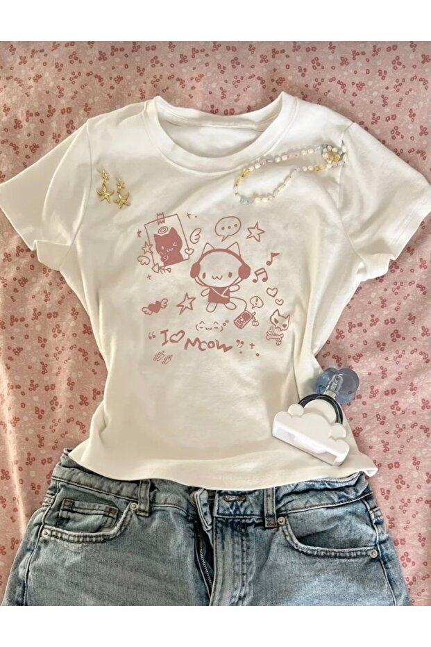 Meow Cat Print Belt Length White Crop Top