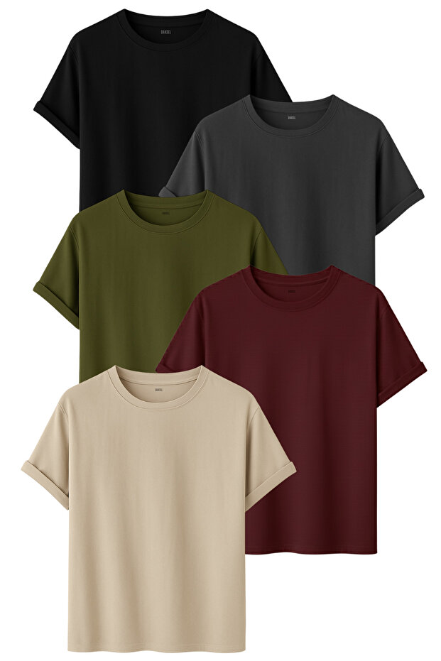 Men's 5-Piece Basic T-Shirt Pack Black Smoked Khaki Burgundy Stone Color Relaxed Fit Cotton T-Shirt