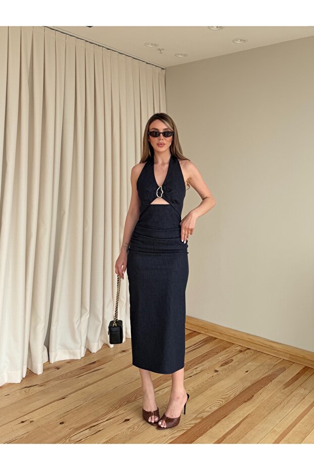 Navy Blue Brooched Denim Dress - 8217