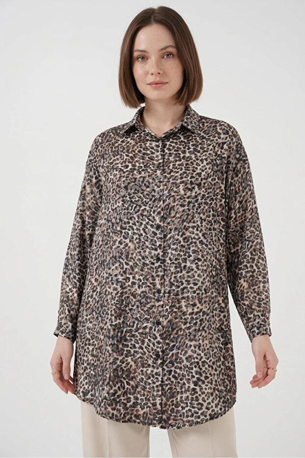 Women's Patterned Viscose Brown Shirt Tunic