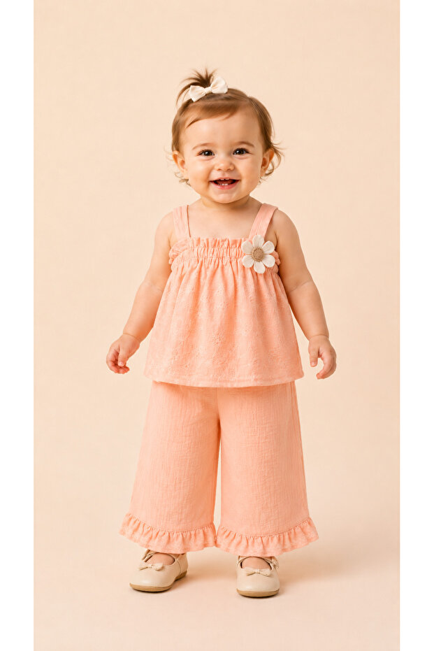 Peachy Flower Embroidered Muslin Baby Girl Two-Piece Set - Trouser Set