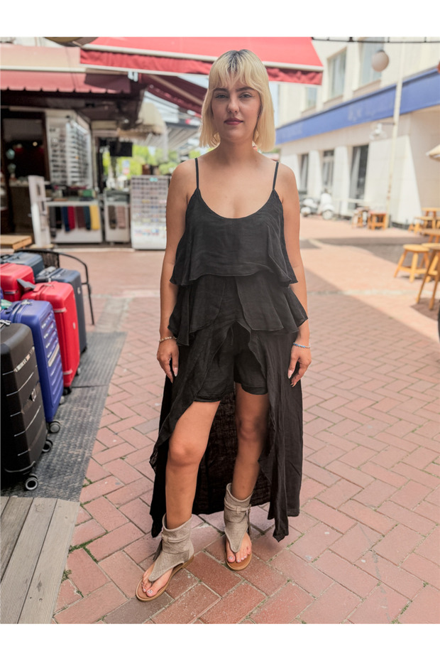 Black Color Italian Linen Shorts Tunic Set