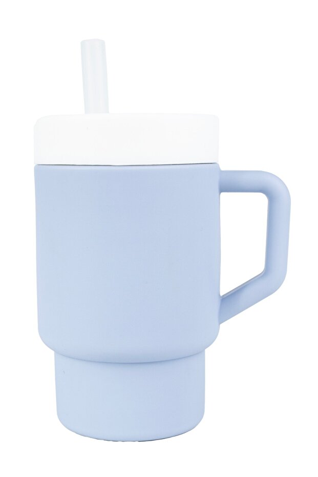 Mugley Single Handle Silicone Drinking Cup with Lid and Straw - Blue