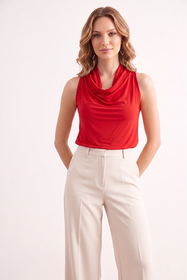 Blouse Red Collar Buttoned Sleeveless Sandy Fabric Tank Top | Women's Daily Casual