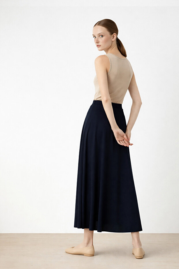 Navy Blue Pleated Flared Midi Skirt