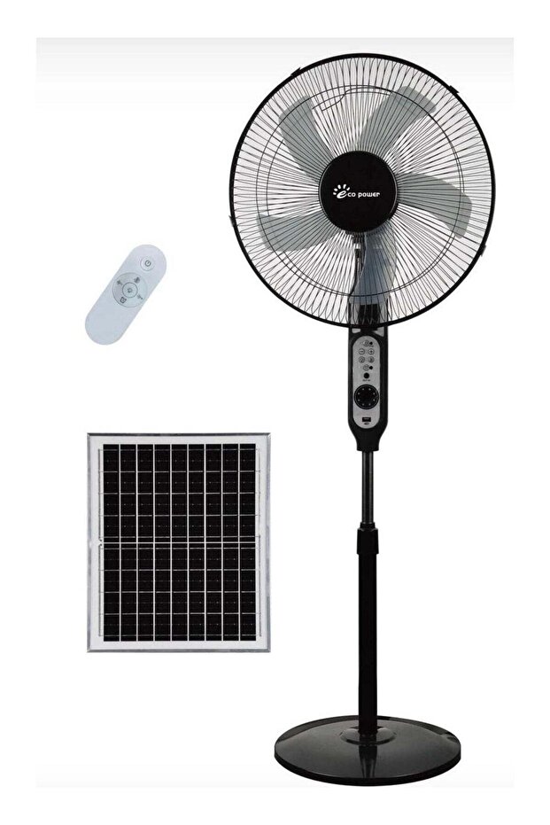 Solar-Powered Pedestal Fan with Remote Control, Adjustable Height Stand, 18-inch, (Black)