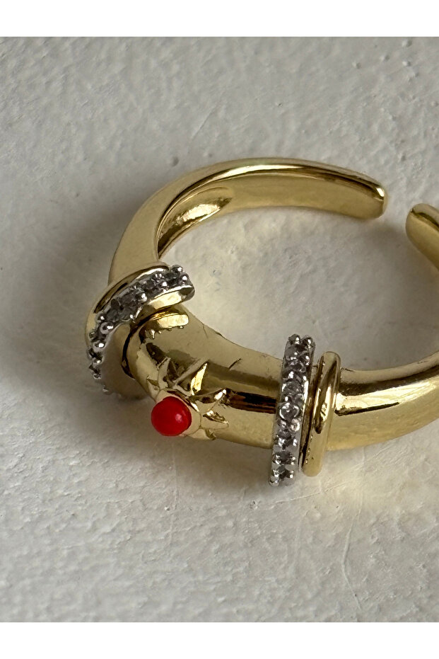 Gold Color Zircon Stone Sun Detailed Adjustable Ring