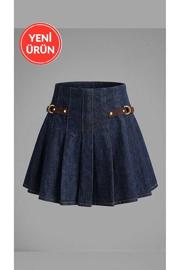 Women's High Waist Pleated Denim Mini Skirt Navy Blue