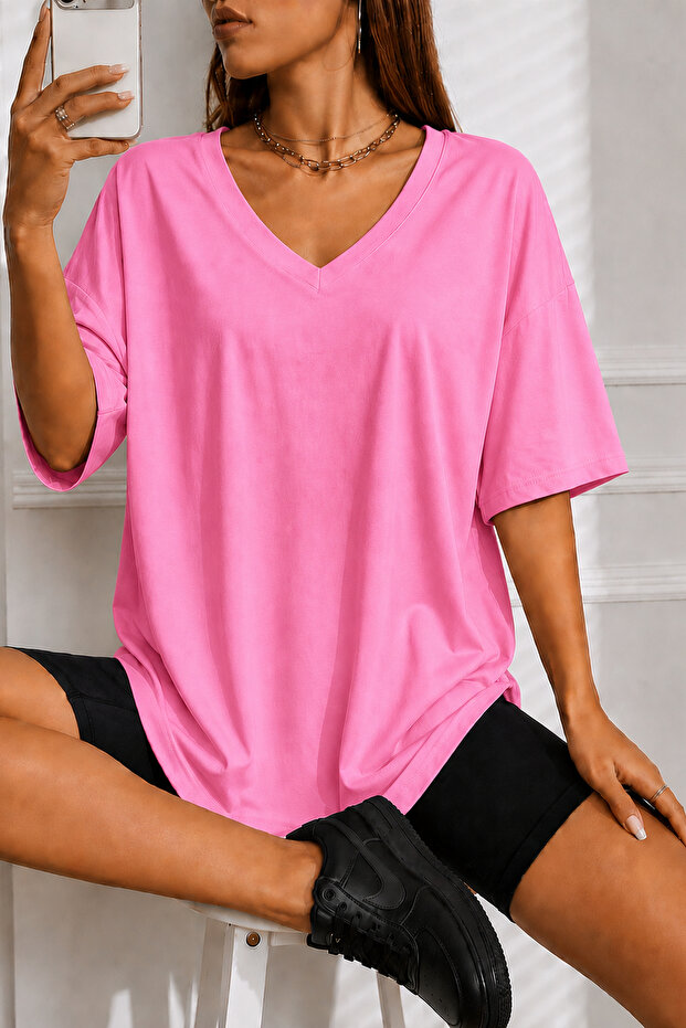 Basic V-Neck Oversize Unisex T-Shirt – Cotton Casual Daily T-Shirt