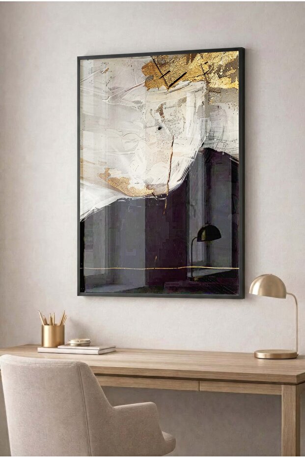 Gold Foil and Black, Beige Toned Glass Table - Black Metal Framed Table for Home, Business, and School