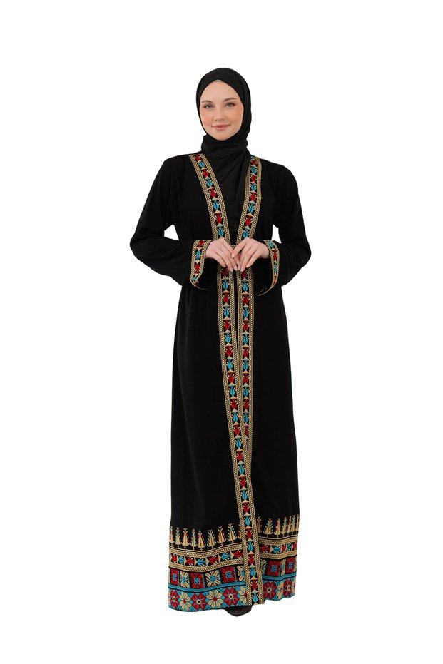 Palestinian Tatreez Embroidered Modern Abaya – Luxurious Lexus Fabric, Multi-Colored