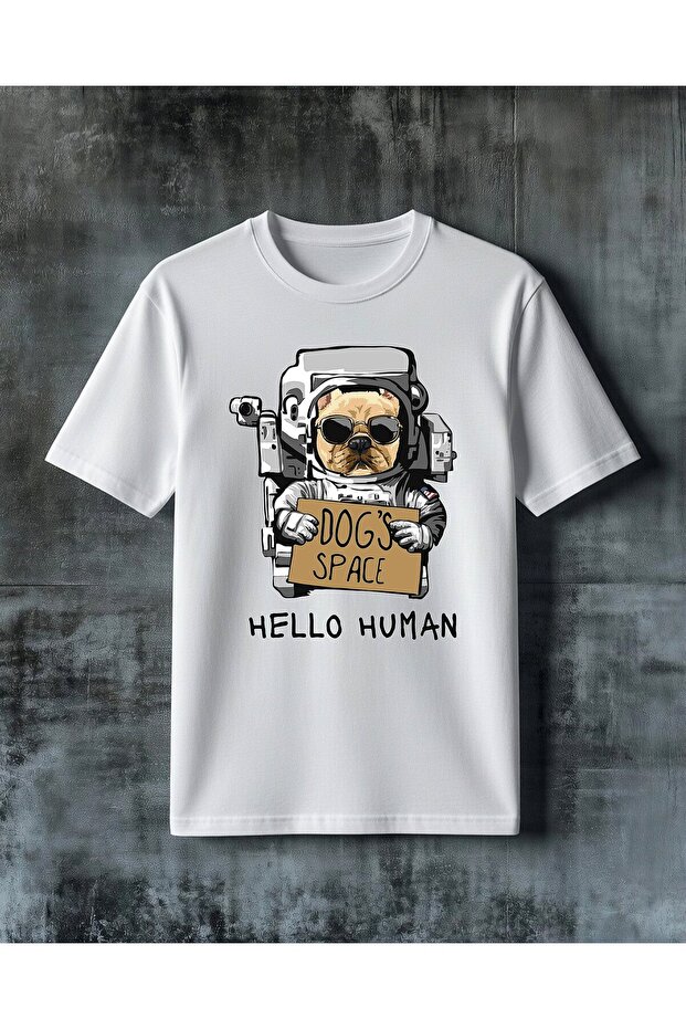 Dog Space Hello Human Printed Oversize T-Shirt