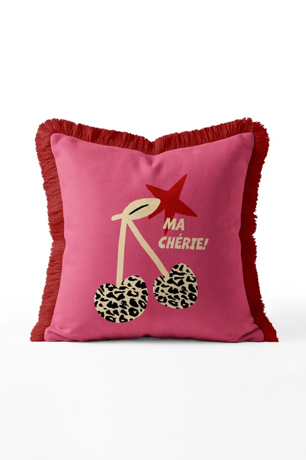 Ma Cherie My Love Cherry Motif Fringed Throw Pillow Cover Burgundy Tasseled Pop Art Pillowcase