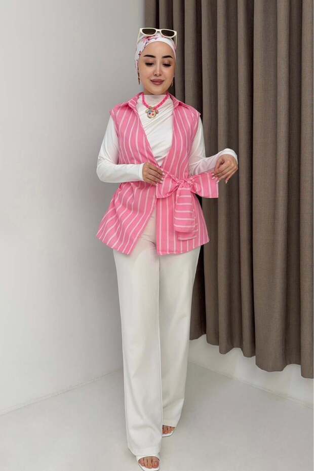 Women's shirt collar waist tie sleeveless blouse pink