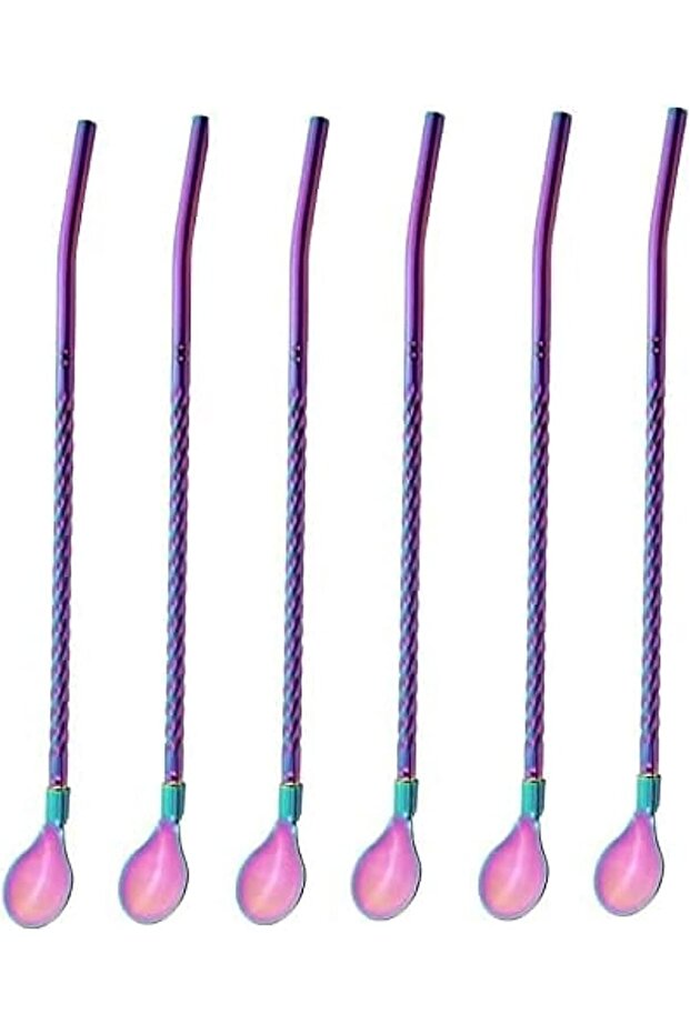 6Pcs Stainless Steel Straw Reusable Drinking Spoon Straw For Home Party Barware Bar Accessories (Rainbow)