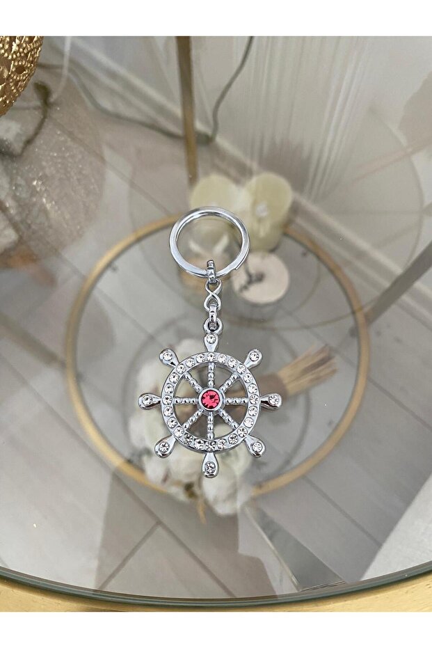 Zirconium Stone Silver Ship Anchor Steel Keychain & Charm