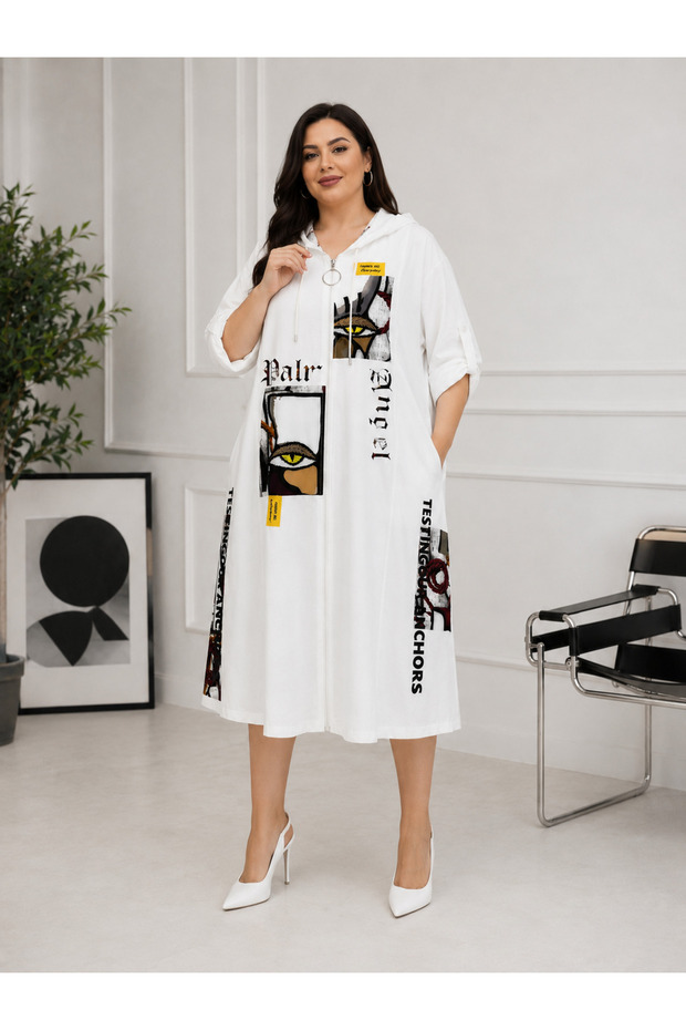 Plus Size Hooded Zipper Dress with Print Detail and Loose Cut Sleeves for Women
