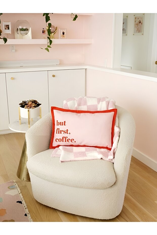 But First Coffee Written Double-Sided Throw Pillow Cover - 30X50Cm - Coffee Themed Suede Throw Pillow Cover