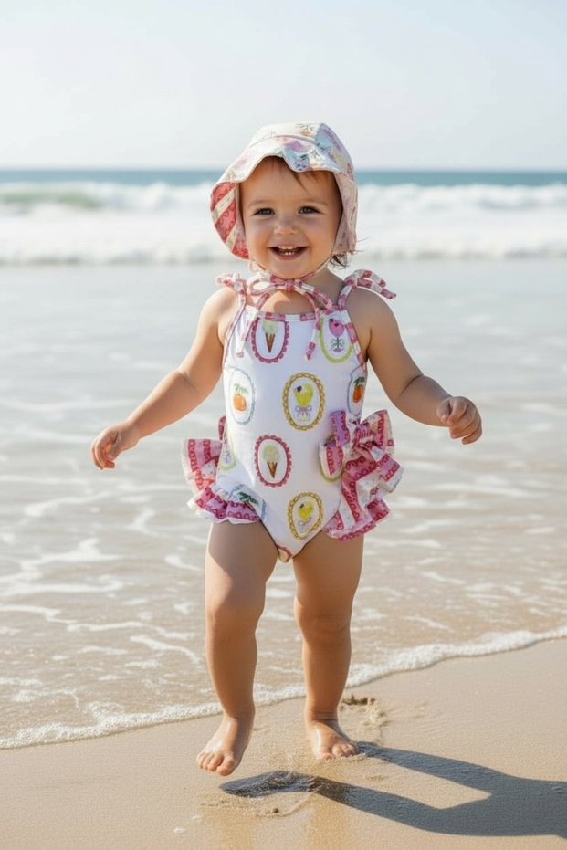 Baby Girl Swimsuit with Uv Protection, Snap Fasteners & Strap Tie