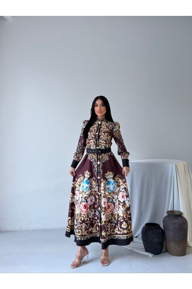Atlas Fabric Full Buttoned Floral Dress (Belt Included)-Brown-2659