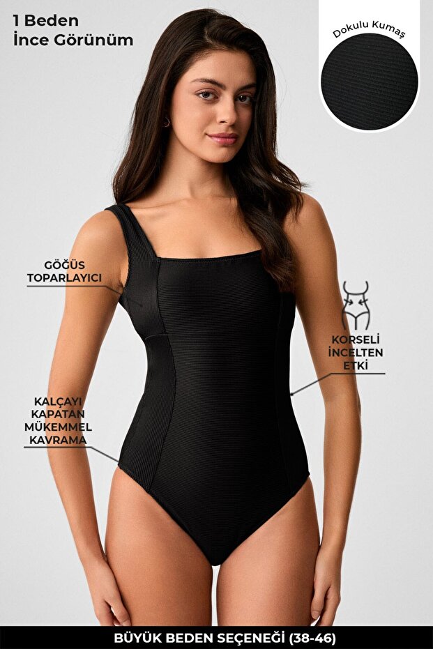 Textured Gathering Lined Swimsuit, Fixed Straps, Gathering Effect, Without Underwire, Covered