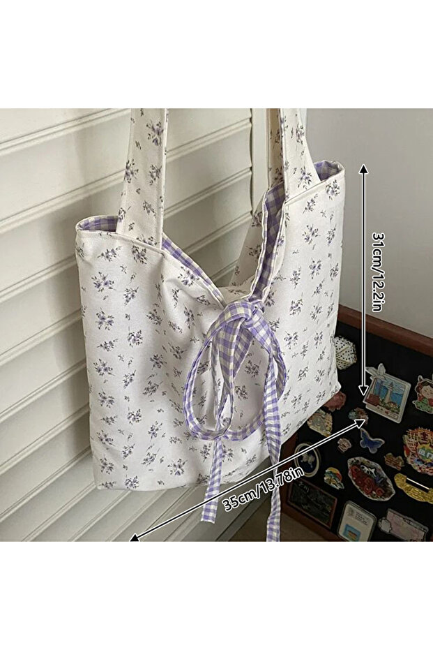 A 1PC Korean Floral Bow Tie Canvas Bag For Spring Summer Casual Versatile Large Capacity Outdoor Mo.