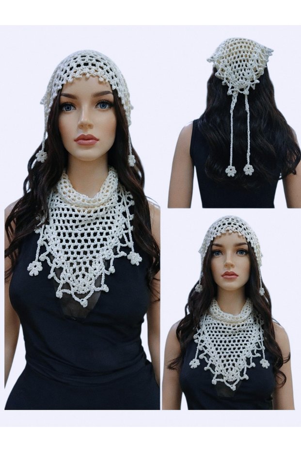 Special Design White Hand Knitted Hair Net Bandana with Glitter Detail, Evening Dress Hair Accessory